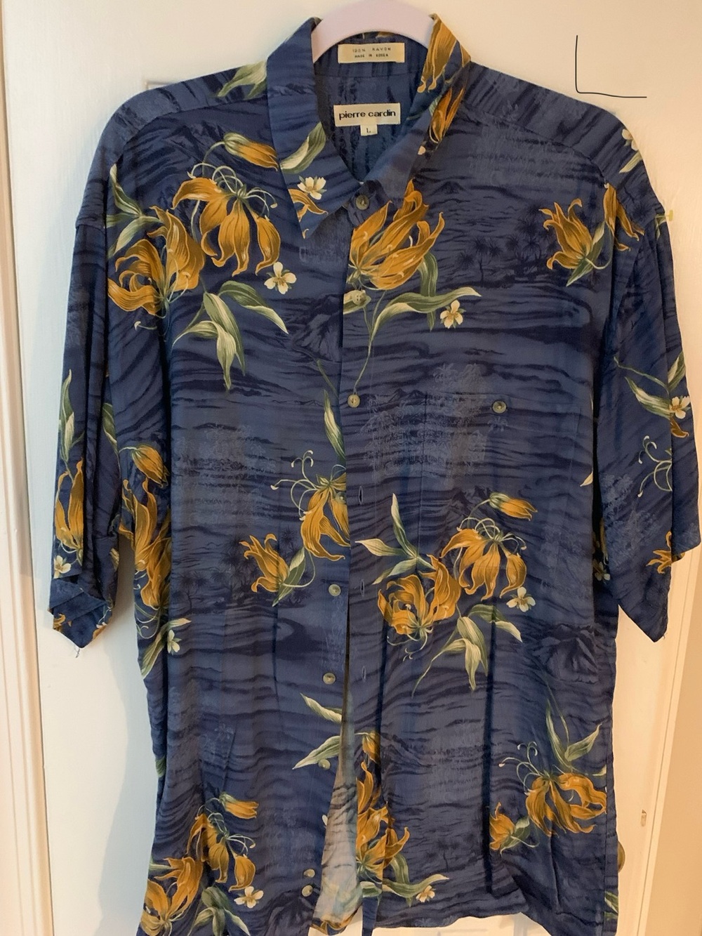 Pierre Cardin Blue Button-Up Shirt with Yellow Floral Print